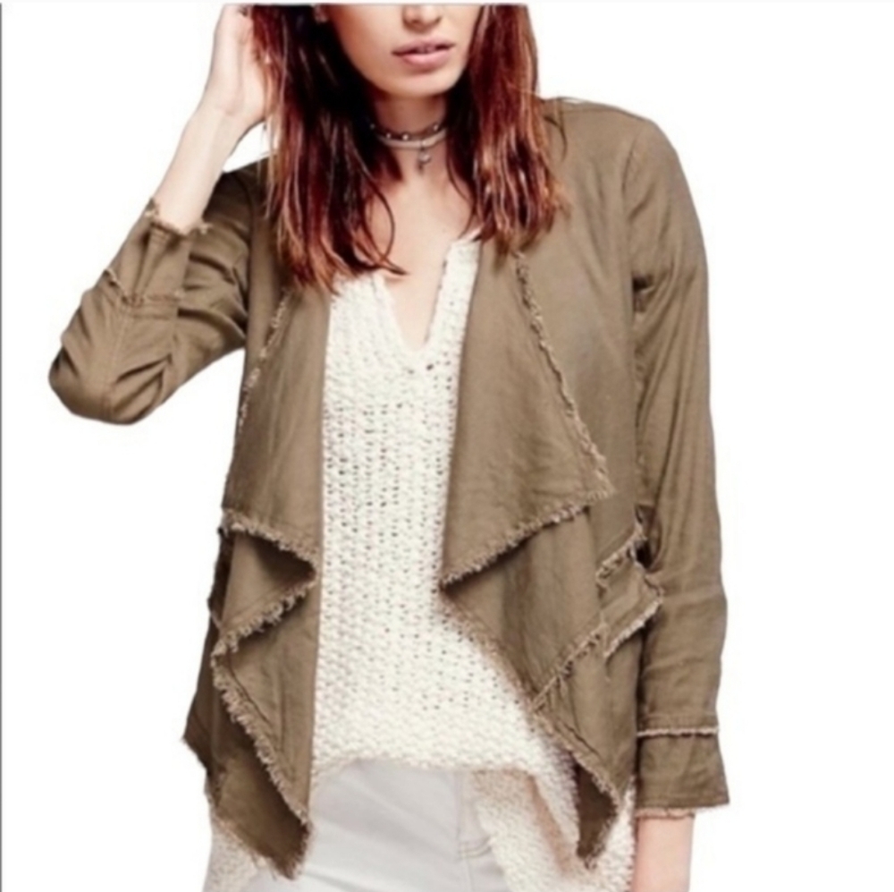 Free People Brown Linen Blend Lightweight Open Front Waterfall Front Jacket